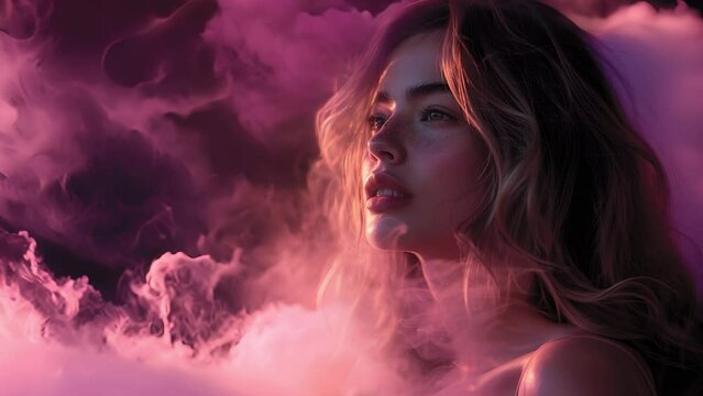 Fashion surreal Concept. Pretty freckled woman girl surround in pink purple swirling smoke clouds fog. wallpaper banner clip mov 4K HD motion	
