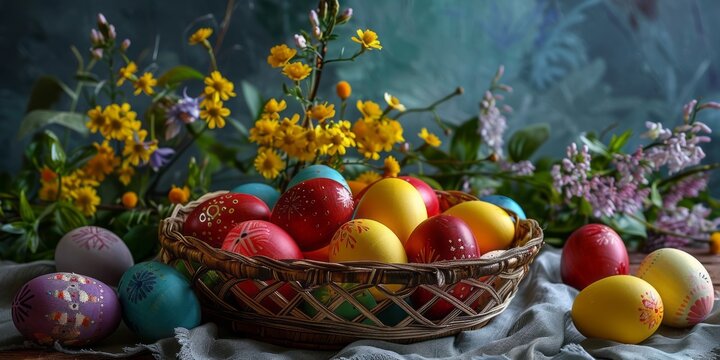 Happy Easter arrangement with a basket filled with colorfully painted eggs and little spring flowers.