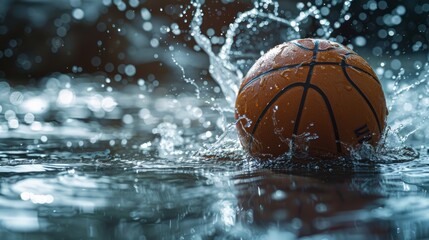 A basketball is in the water, and the water is splashing around it - obrazy, fototapety, plakaty