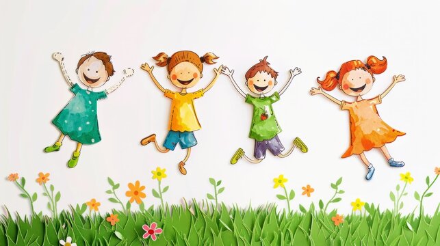 A group of children are jumping in a field of flowers