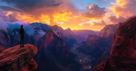 A woman standing on the edge of zion national park overlooking epic canyon landscape at sunrise - Powered by Adobe