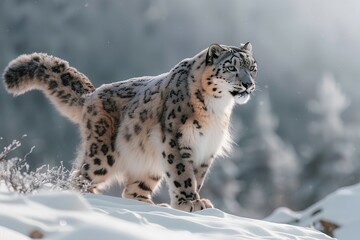 A full-length snow leopard with a tail in the mountains