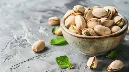 Bowl of fresh pistachios on a textured gray surface, healthy snack concept with green leaves for freshness. ideal for culinary and lifestyle themes. AI