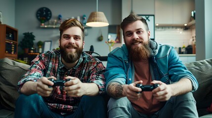 Two friends enjoying a gaming session together, sitting on a cozy couch in a home environment. joyful leisure activity. casual and relaxed attire. lively room decor. AI - obrazy, fototapety, plakaty
