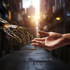 A futuristic robot hand reaching out for human touch - obrazy, fototapety, plakaty