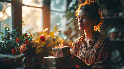 Pensive young woman holding gifts in her hands. Blurred window and flowers on background. Vintage stylized image.