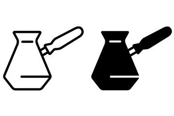 Turks with black coffee outline and filled icon. Vintage cezve or jezva for coffee sign. Turkish coffee pot symbol.