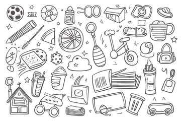 Doodle set of objects from a child's life, black and white outline.