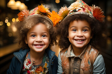 Children wearing fun headgear: Portrait of children happily wearing playful and whimsical party hats. - obrazy, fototapety, plakaty