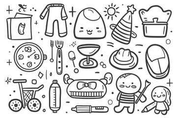 Doodle set of objects from a child's life, black and white outline.