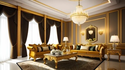 Fototapeta na wymiar interior of a luxury living room, royal room interior with carpet