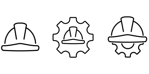 Fototapeta premium Construction helmet on the gear outline icons set. Labor and engineering thin symbols. Safety and protection sign.