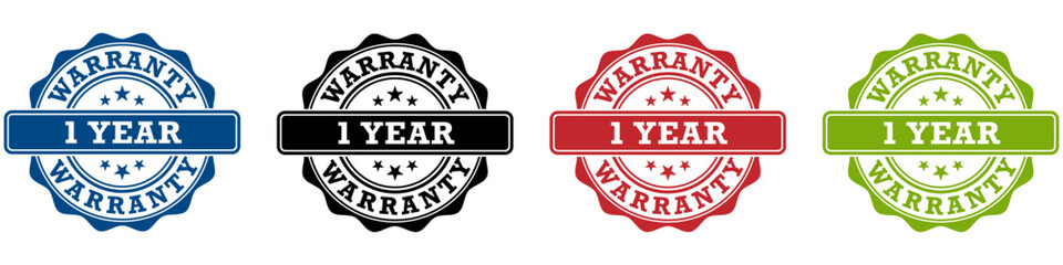 Obraz premium Set of 1 year warranty stamp in blue, black, red and green color icons. Symbols for business, package, web or app.