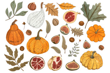 Leaves, plants, pumpkin, pomegranates, figs and nuts. Cute freehand drawings to create a poster or card.