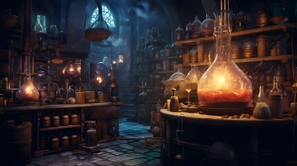  a medieval alchemist's laboratory with parchment scrolls, bubbling potions, and mysterious glowing vials
 - obrazy, fototapety, plakaty