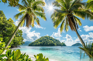 A tropical paradise with lush green palm trees, turquoise water and white sandy beaches. The sun is...