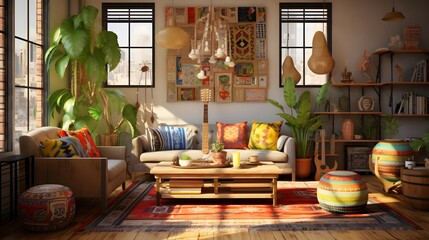  a modern Bohemian living room with mismatched furniture, eclectic patterns, and a mix of cultural artifacts from around the world
