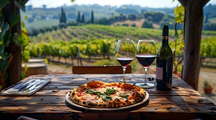 Rustic outdoor dining experience with pizza and wine in a vineyard setting. enjoying gourmet italian cuisine al fresco. relaxing vineyard landscape. AI