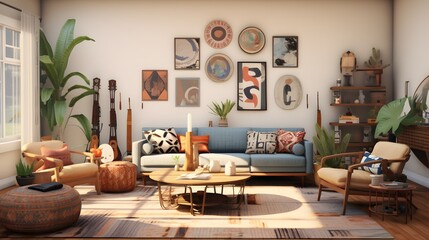  a modern Bohemian living room with mismatched furniture, eclectic patterns, and a mix of cultural artifacts from around the world
