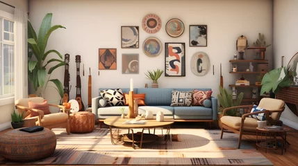 Cercles muraux Style bohème  a modern Bohemian living room with mismatched furniture, eclectic patterns, and a mix of cultural artifacts from around the world 
