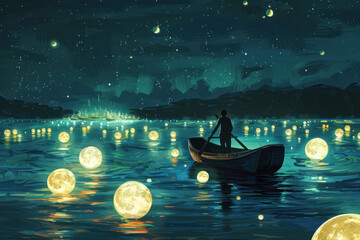 Night scenery of a man rowing a boat among many glowing moons floating on the sea. illustration painting.