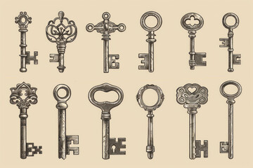 Old key collection, vintage illustration.