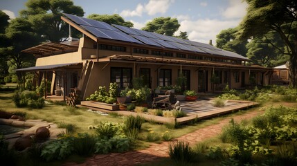  a self-sustaining off-grid home with solar panels, rainwater harvesting systems, and regenerative agriculture practices
 - obrazy, fototapety, plakaty