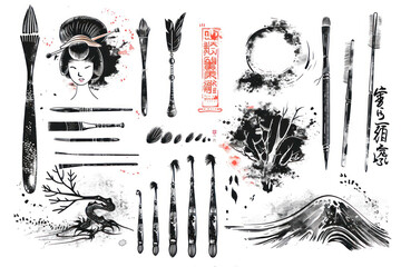 Set of brushes and other design elements, hand-drawn with ink in traditional Japanese style sumi-e. - obrazy, fototapety, plakaty