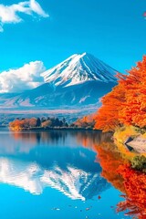 Mtfuji  tallest volcano in tokyo, japan   snow capped peak and autumn red trees nature landscape