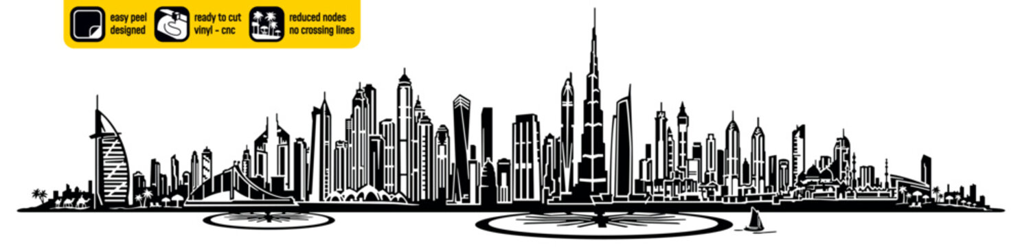 Dubai Arab Emirates Skyline EAU Landmarks Vector Ready Vinyl Cutting Vinly Ready Wall decal Silhouette Black And White