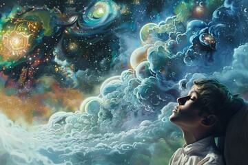 A serene young man rests with cosmic dreamscape clouds revealing galaxies and nebulae as a tapestry of his subconscious thoughts. Generative AI