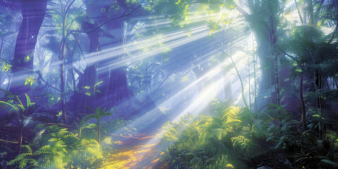 Obraz premium Sunlight Streaming Through the Trees in a Magical Forest. Trail Through a Verdant Rainforest