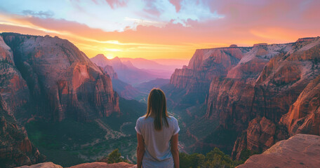 A woman standing on the edge of zion national park overlooking epic canyon landscape at sunrise - obrazy, fototapety, plakaty