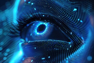 Close-up dot eyes digital blue blue illustration technology concept .3D rendering AI robot thinking processing concept Data Analysis Binary Data