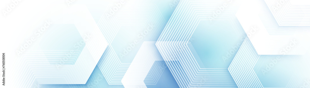 Poster abstract design with white glowing hexagon geometric lines background. modern minimal trendy blue li