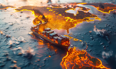 Miniature cargo ship loaded with containers traversing over a golden-lit world map, symbolizing global trade routes and international shipping logistics - obrazy, fototapety, plakaty