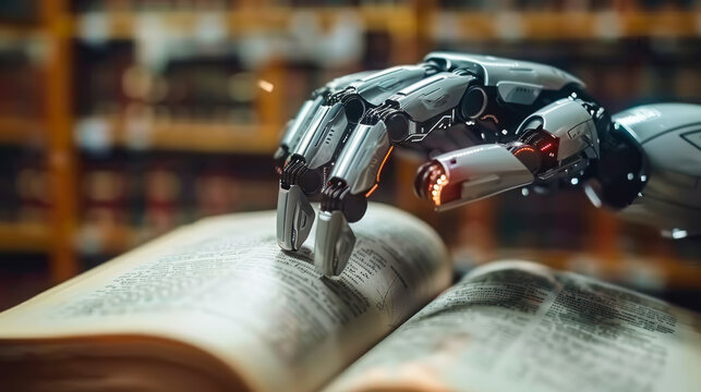 Futuristic robotic hand interacting with a book, symbolizing the intersection of advanced technology and traditional knowledge in the age of AI