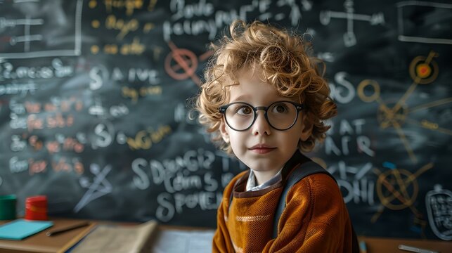 Curious child in front of a chalkboard filled with equations. smart young boy wearing glasses in classroom. educational stock photo capturing the essence of learning. AI
