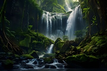 A majestic waterfall cascading down moss-covered rocks in a lush rainforest.
