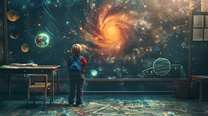 Child gazes at cosmic wonders from classroom, a magical universe through the window. dreamy atmosphere, educational concept. AI