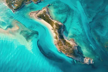Schilderijen op glas aerial photography, view of a wild island in the ocean, beach, clear blue water, sea with waves, reef in the ocean, lagoon without people, © yanapopovaiv
