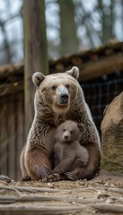 Fototapeta premium Male bear and cub portrait with empty space for text on left side and object on right side
