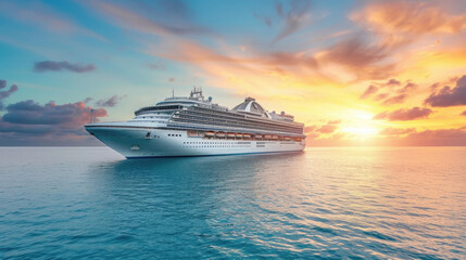a large cruise liner sails against the backdrop of the sea, the setting sun, for a banner
