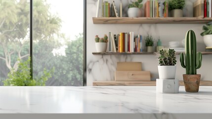 Fototapeta premium Empty Beautiful table top with cactus and blur bokeh modern kitchen interior background in clean and bright, Ready for product montage