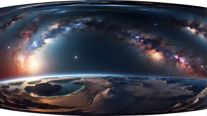 projection of an environment map in 360 degrees equirectangularly over a space background featuring stars and nebulae. HDRI panorama picture