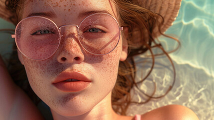 portrait of a girl in glasses on the beach on the sand, face covered with freckles, tanned skin, sea wind breeze, summer