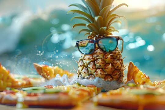 A pineapple with sunglasses sitting on top of a stack of pizzas. Generative AI