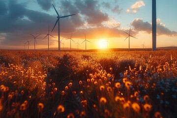 Wind farm field and sunset sky