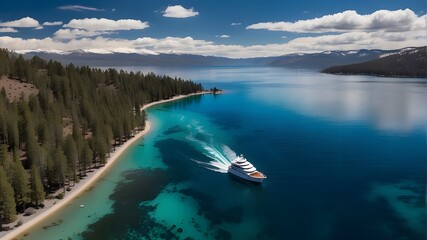 An aerial picture of a boat sailing in Lake Tahoe, California.boat, sailing, lake, tahoe, california, aerial, picture, water, nature, landscape, scenic, outdoor, adventure, travel, tourism, recreation