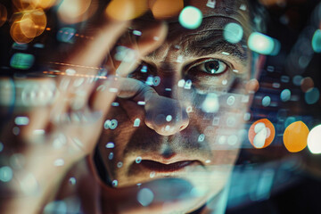 An intense gaze captured as a businessman's hand hovers over a screen displaying customer service AI-powered chatbot responses, illustrating the dynamic nature of modern communicat